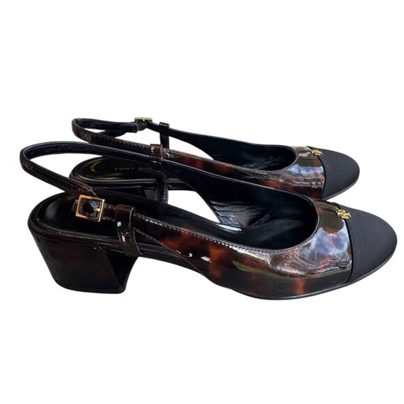 TORY BURCH Women's Size 8 Cap Toe Slingback Pump In Tortoise Patent / Black - Picture 1 of 13
